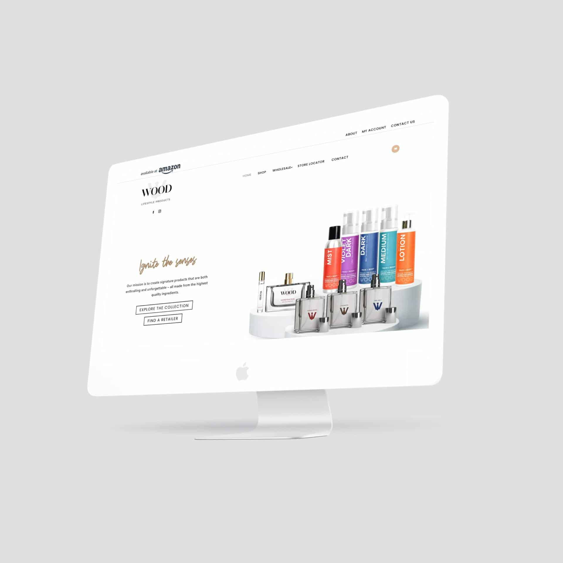 Website design for WOOD Lifestyle Products featuring colognes, perfumes, and tanners is shown.