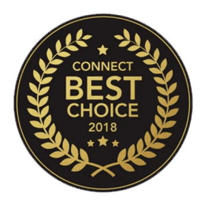 The 2018 Connect Best Choice insignia pictured is a black circle with a gold laurel wreath.