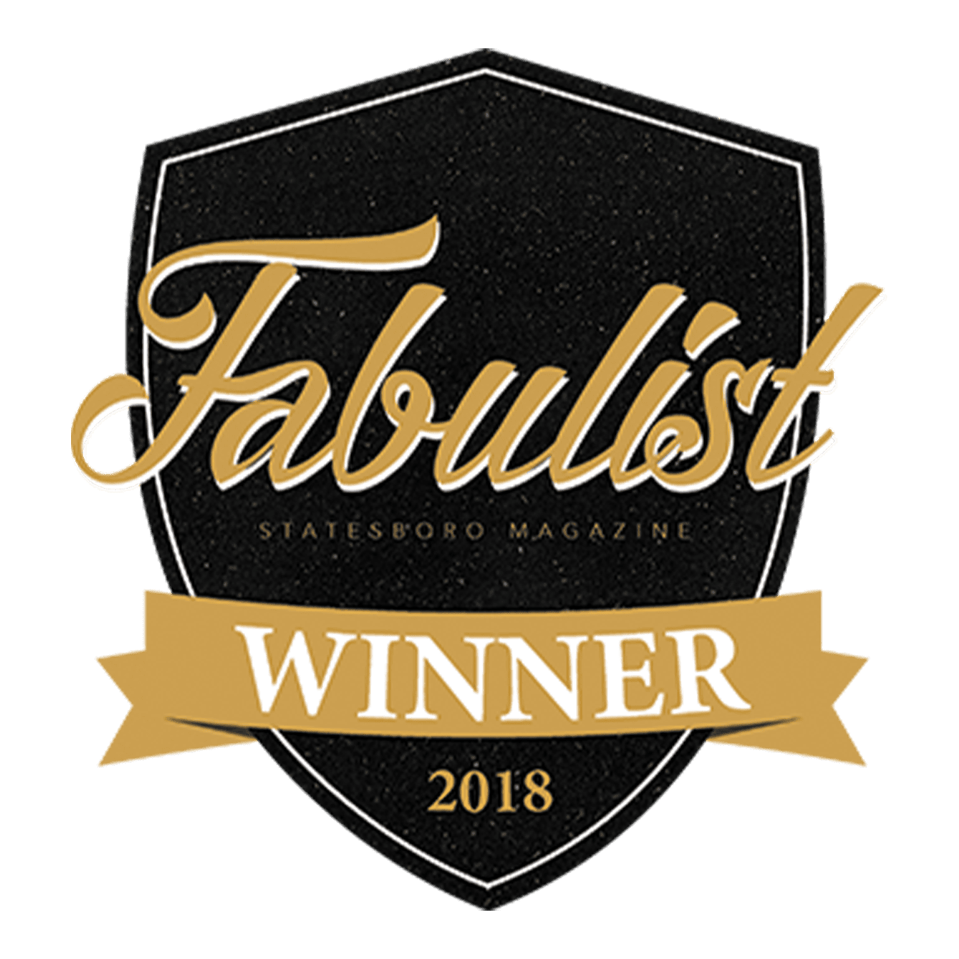 A black shield with gold & white writing for the 2018 Fabulist Magazine Winner emblem is displayed.