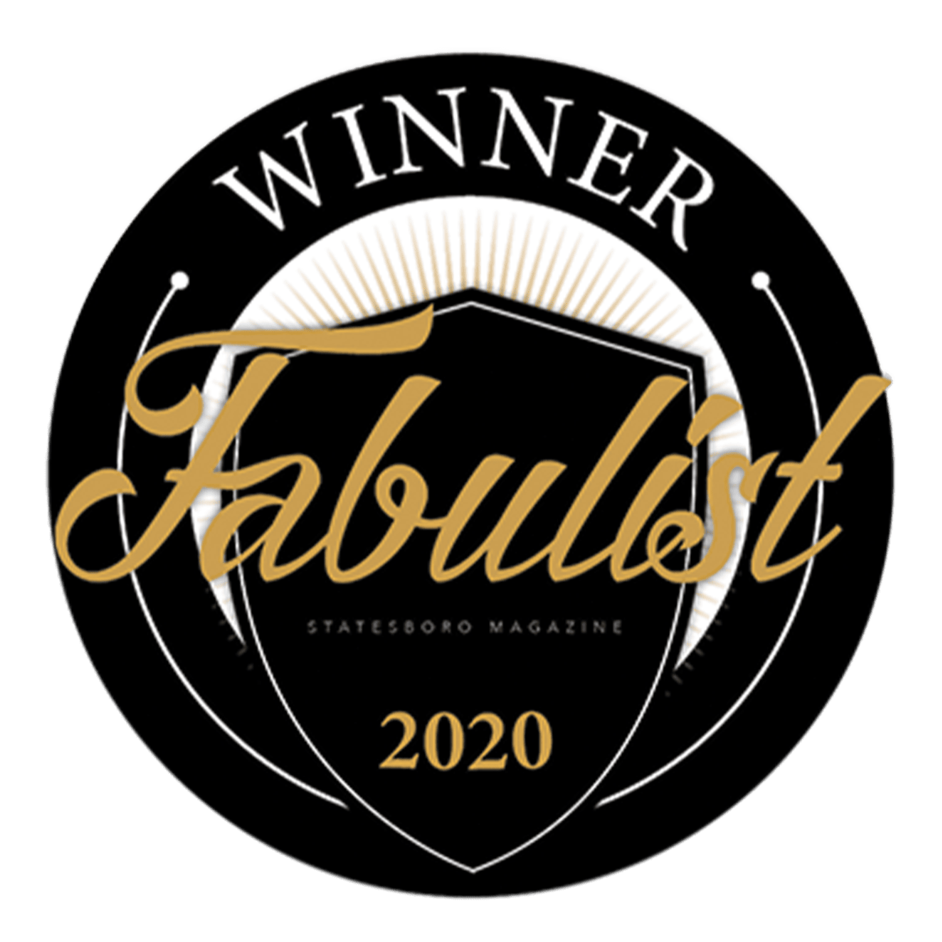 Gold writing for the 2020 Fabulist Winner is on a black shield and circle emblem.