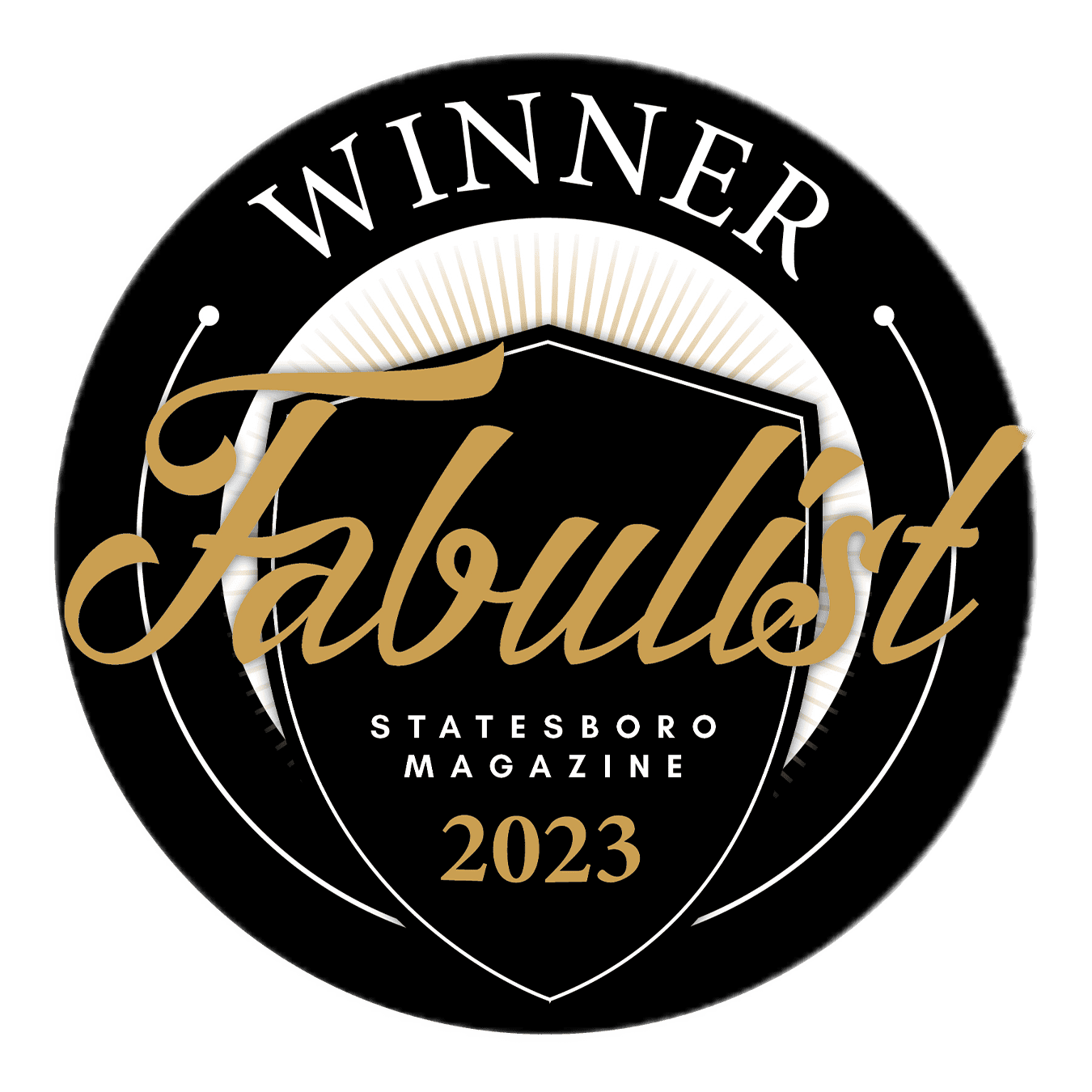 A black circle with gold & white writing for the 2023 Fabulist Magazine Winner emblem is displayed.