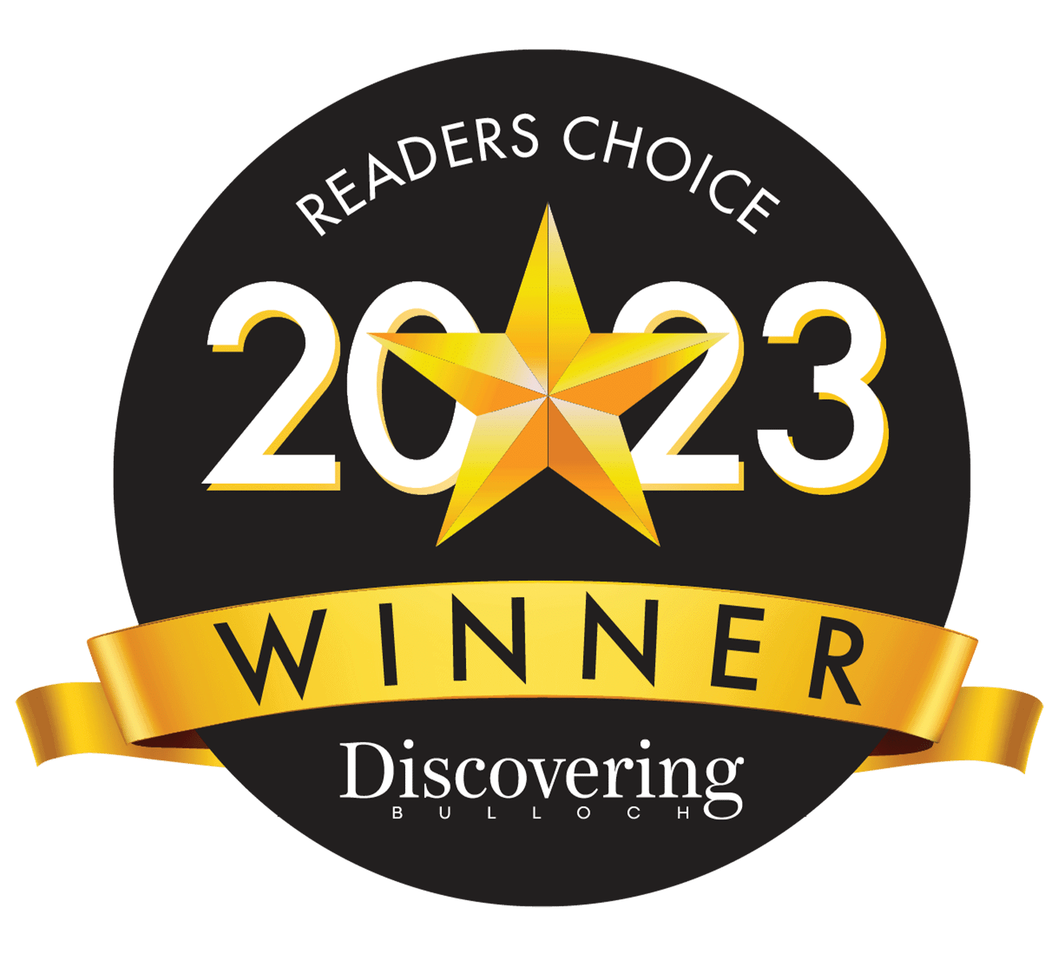 The 2023 Readers Choice Winner features a black circle and a gold star.